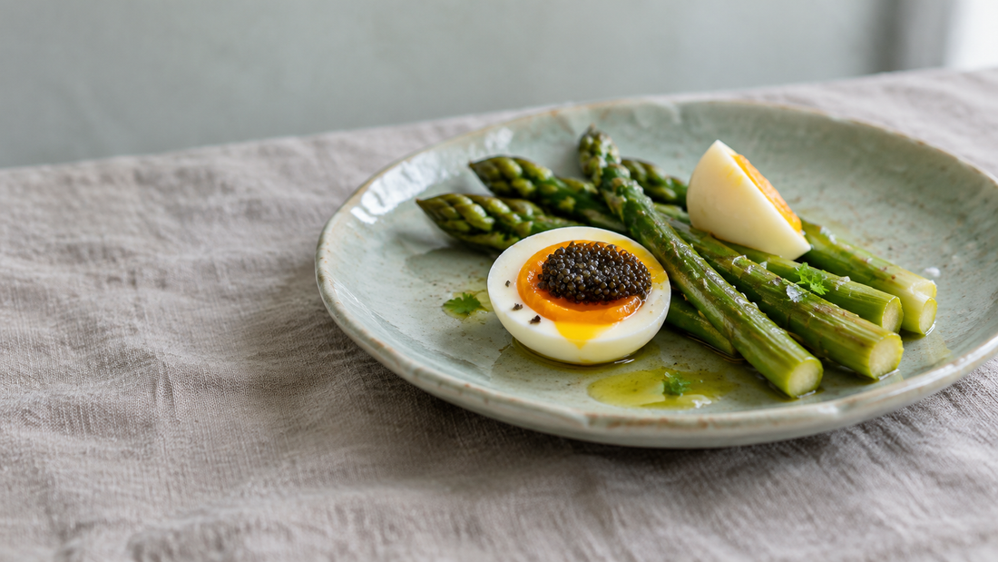 Asparagus with Soft-Boiled Eggs and Caviar