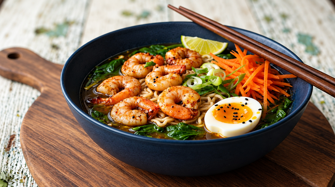 A bowl of chilli lime tiger prawn ramen with savoury porcini chicken broth, tender noodles, pink prawns, wilted spinach, soft-boiled egg, sliced spring onions and toasted sesame seeds.