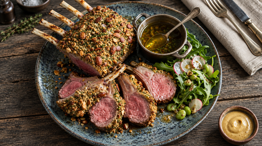 Sliced almond and herb crusted rack of lamb with a golden Parmesan crust, rosy-pink centre and a glossy finish of black olive oil.