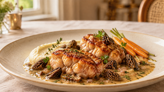 Golden pan-seared veal sweetbreads served with morel mushrooms and a glossy lemon veal jus.