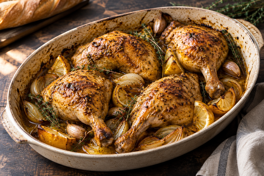 Golden mustard-roasted chicken legs with caramelised onions, lemon and thyme in a glossy pan jus.