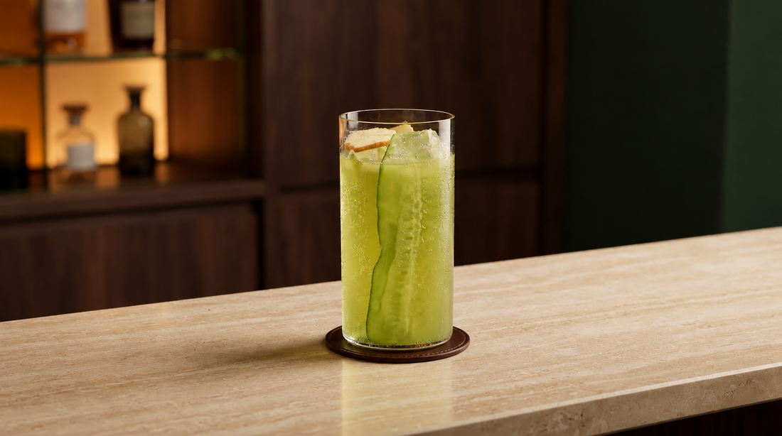 Two chilled wine glasses filled with a pale golden apple, tarragon and sparkling Chardonnay mocktail over ice, each garnished with a curled cucumber ribbon and a thin fresh apple slice.