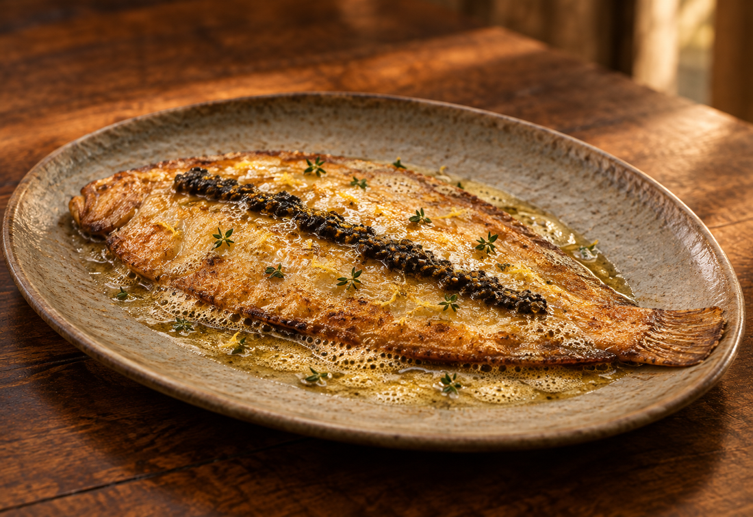 Pan-fried whole Dover sole with browned butter, lemon zest, thyme and Black Truffle Quintessence.