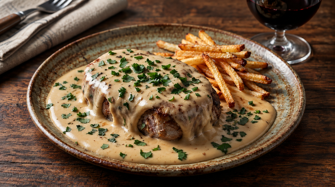 Pan-seared beef tenderloin topped with creamy Dijon mustard sauce and chopped parsley, served with crisp golden homemade fries on a French bistro-style plate.