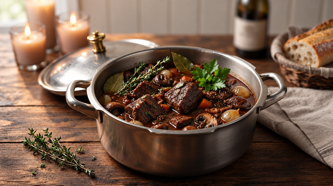 Rich pressure-cooker boeuf bourguignon with tender red-wine-braised beef, smoky bacon, whole pearl onions, carrots and forest mushrooms in a glossy dark sauce, finished with chopped parsley and served in a rustic French-style bowl.