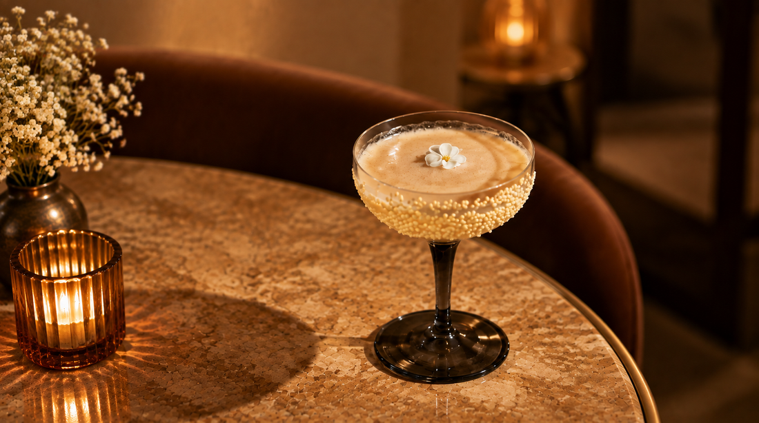 Two tall ice-filled highball glasses of pale amber sparkling mocktail with a toasted sesame and honey rim, fine bubbles and a subtle vanilla-speckled finish, styled on a refined table with lemon and toasted sesame nearby.