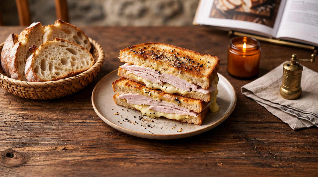 A golden, griddled three-layer Club Monsieur sandwich filled with sliced chicken, creamy Comté béchamel and black truffle spread, cut in half and topped with delicate black truffle carpaccio and a light drizzle of truffle oil.