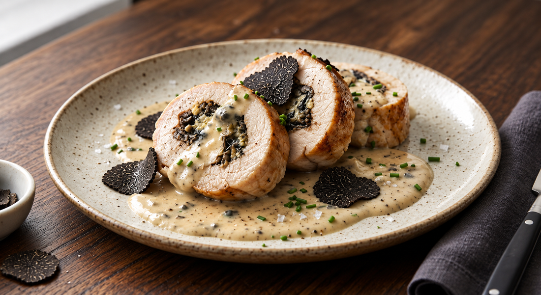 Thick slices of truffled chicken ballotine with a creamy mushroom and ricotta filling, served in smooth mushroom-truffle sauce and finished with fine shavings of fresh black winter truffle.