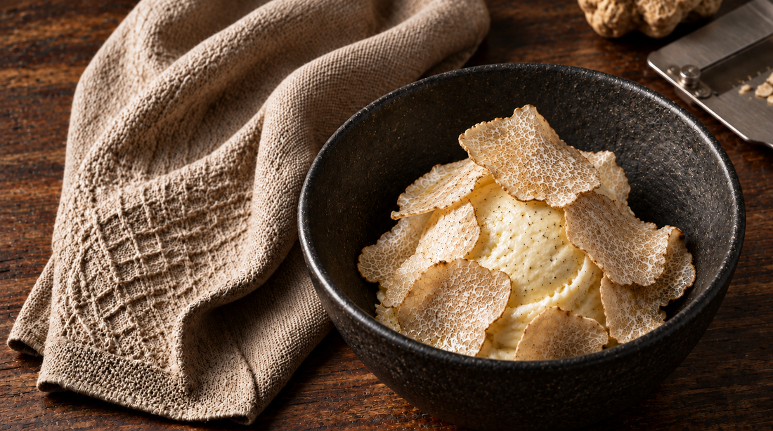 Scoops of Tahitian vanilla ice cream in chilled bowls, finished with delicate shavings of fresh Alba white truffle and a light sprinkle of granulated sugar.