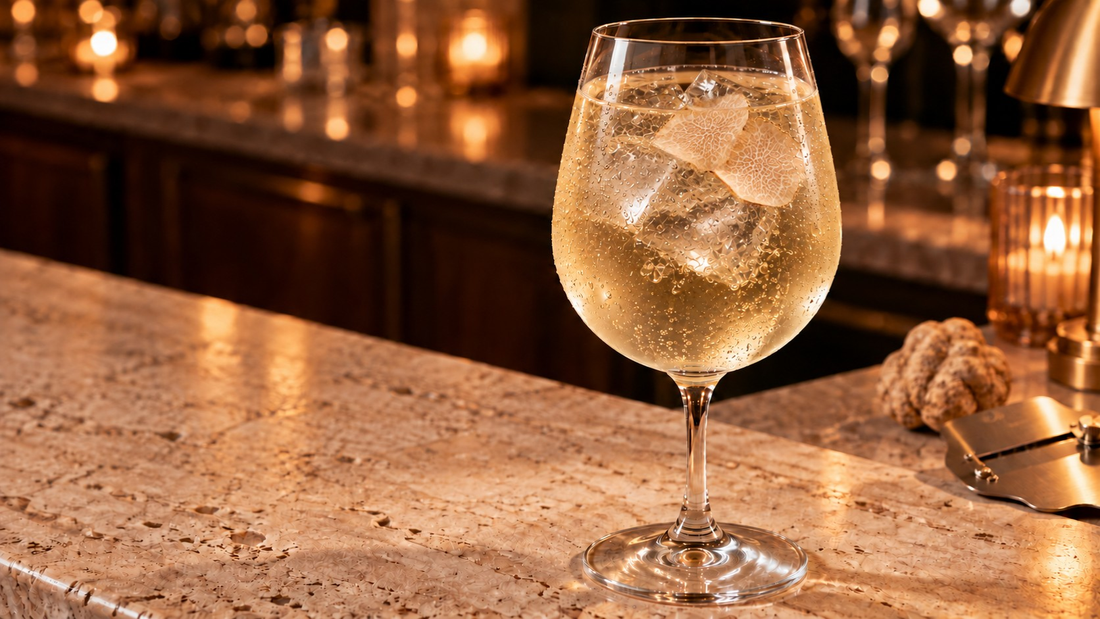Two sparkling White Truffle & Pear Fizz mocktails, made with pear nectar and jasmine tea, topped with fine shavings of fresh White Alba Truffle.