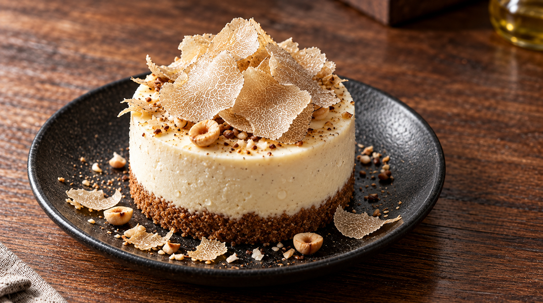 Individual Brie de Meaux savoury cheesecakes with a crisp hazelnut-cracker base, topped with toasted hazelnuts and delicate shavings of fresh Alba white truffle.