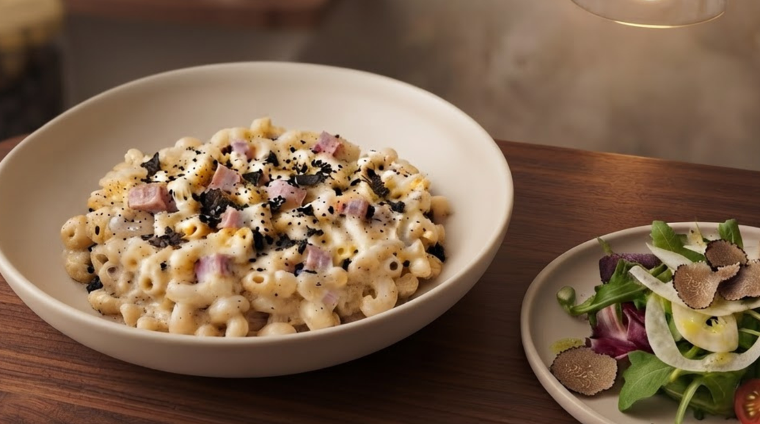 Small pasta shells coated in a glossy Comté and black truffle cream sauce with diced cooked ham, finished with visible black truffle pieces and freshly ground black pepper.