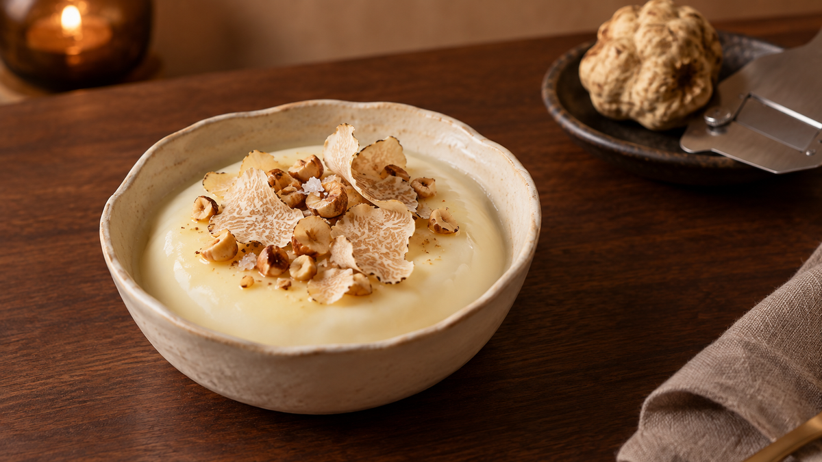 Individual white chocolate and hazelnut panna cottas in small glasses, topped with toasted hazelnuts, a pinch of flaky sea salt and delicate shavings of fresh Alba white truffle.