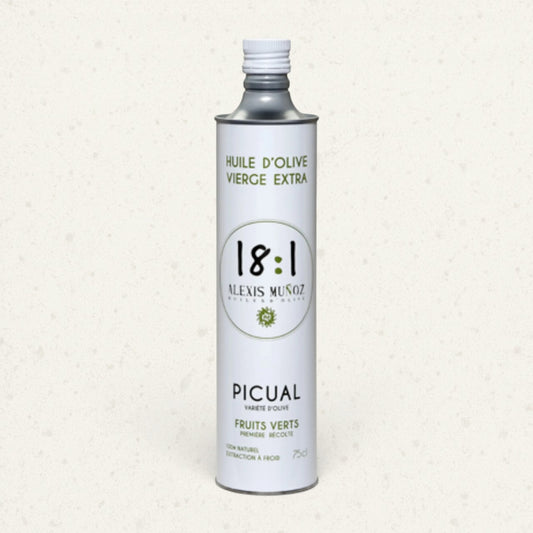 White tin of Alexis Muñoz Picual extra virgin olive oil with black and green lettering