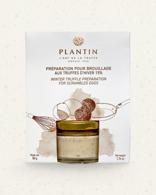 White box of Plantin winter truffle preparation for scrambled eggs, illustrated with a jar and whisk
