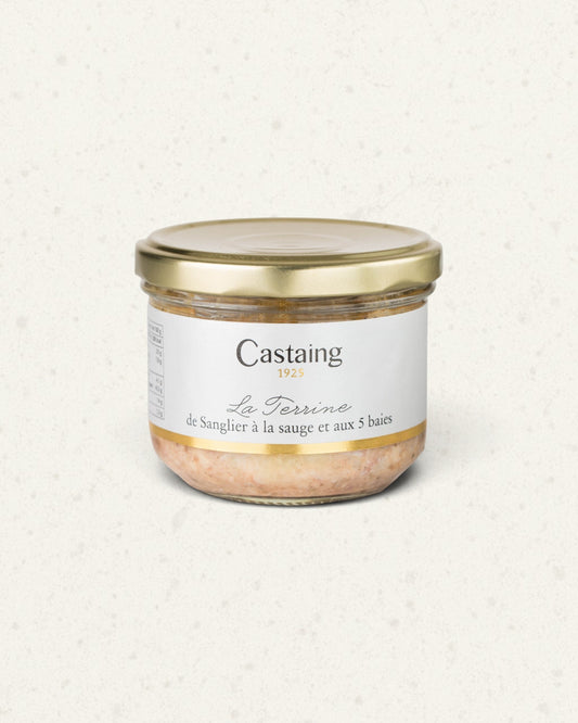 Wide glass jar of Castaing wild boar terrine with sage and berries, gold lid and white label