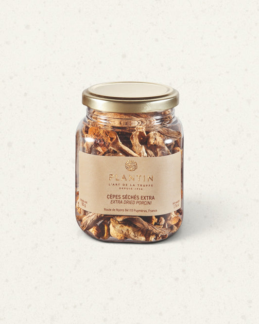 Small clear jar of Plantin dried porcini slices with a gold lid and a beige label