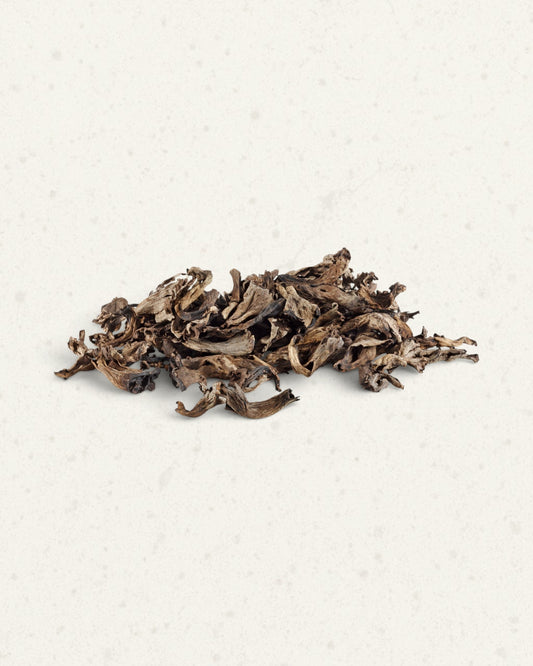 Small loose heap of dark dried black trumpet mushrooms on a light cream background