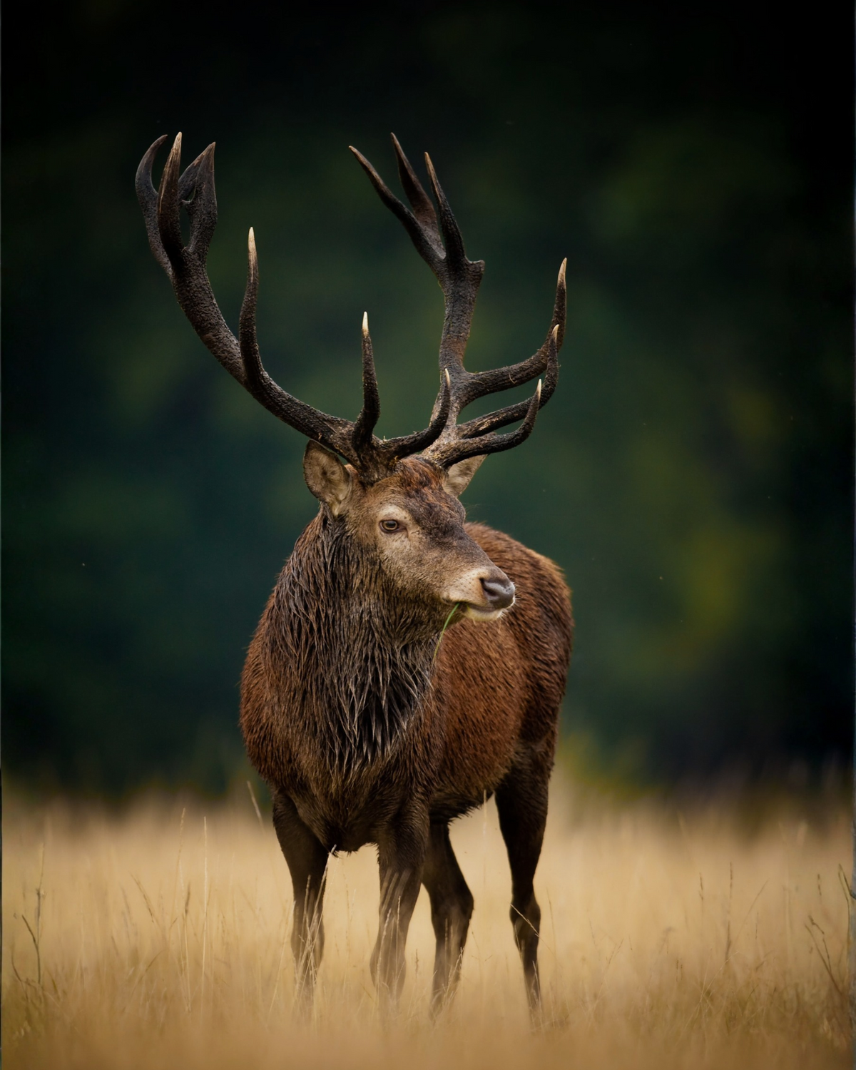 A large red deer stag with large antlers standing in a grassy field, photographed in a natural outdoor setting with a blurred dark green background.