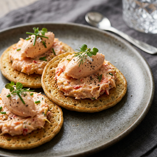 Lobster rillettes on toasted blinis, topped with microgreens and served on a grey stoneware plate