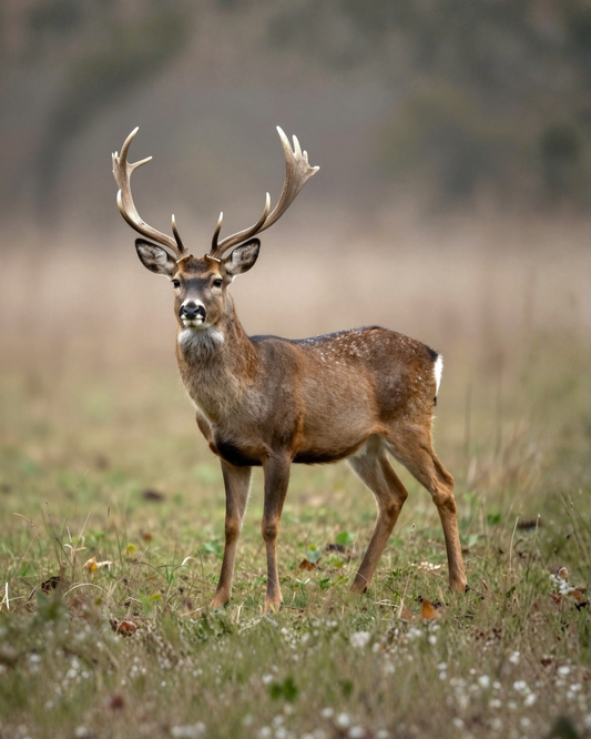A large deer with antlers standing in a grassy field, photographed in a natural outdoor setting with a soft blurred background.
